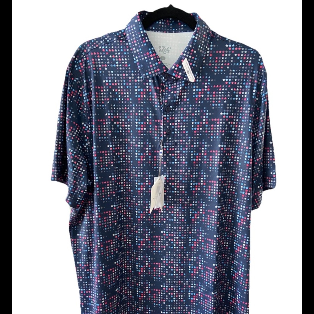 1764 Men's Navy and Pink stars all over print golf polo Shirt xl